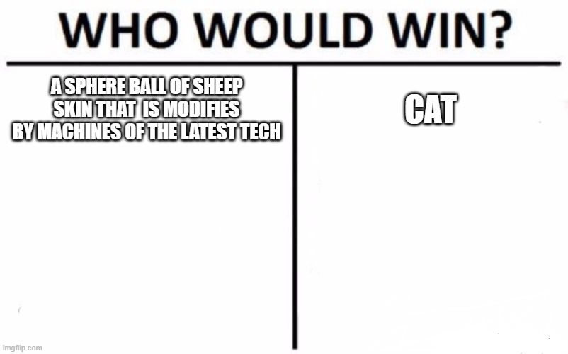 Who Would Win? Meme | A SPHERE BALL OF SHEEP SKIN THAT  IS MODIFIES BY MACHINES OF THE LATEST TECH; CAT | image tagged in memes,who would win,cats | made w/ Imgflip meme maker