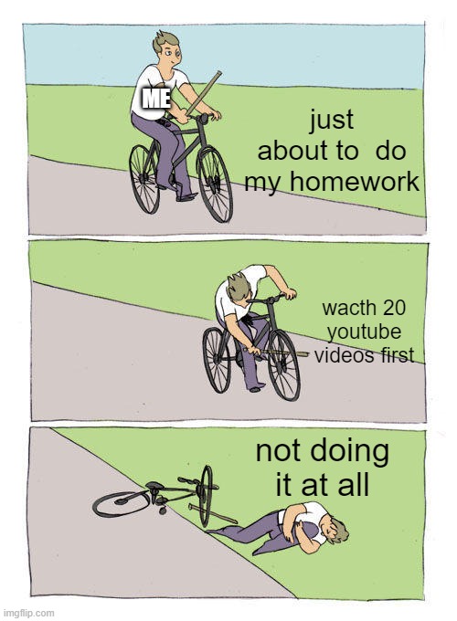 homework | ME; just about to  do my homework; wacth 20 youtube videos first; not doing it at all | image tagged in memes,homework | made w/ Imgflip meme maker
