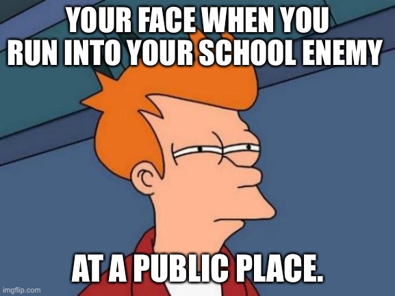 Futurama Fry | YOUR FACE WHEN YOU RUN INTO YOUR SCHOOL ENEMY; AT A PUBLIC PLACE. | image tagged in memes,futurama fry | made w/ Imgflip meme maker