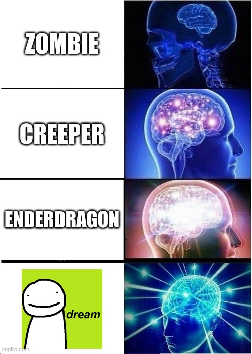 Minecraft Brains | ZOMBIE; CREEPER; ENDERDRAGON | image tagged in memes,expanding brain | made w/ Imgflip meme maker