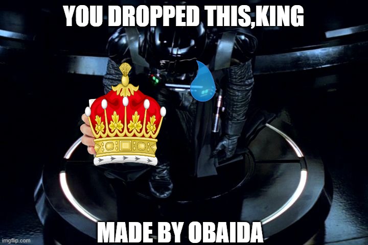 Darth Vader Kneeling | YOU DROPPED THIS,KING; MADE BY OBAIDA | image tagged in darth vader kneeling | made w/ Imgflip meme maker
