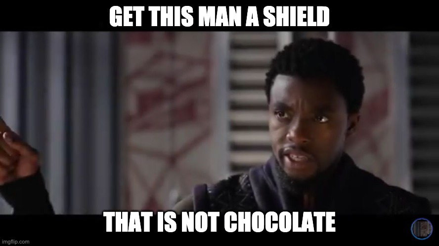 Black Panther - Get this man a shield | GET THIS MAN A SHIELD THAT IS NOT CHOCOLATE | image tagged in black panther - get this man a shield | made w/ Imgflip meme maker