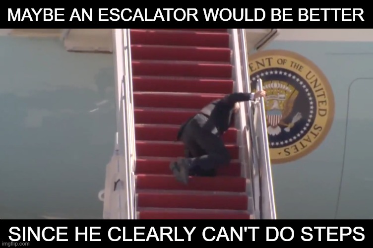 Biden falls down! | MAYBE AN ESCALATOR WOULD BE BETTER; SINCE HE CLEARLY CAN'T DO STEPS | image tagged in joe biden,gravity,incompetence | made w/ Imgflip meme maker