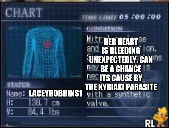 LACEYROBBINS1 HER HEART IS BLEEDING UNEXPECTEDLY. CAN BE A CHANCE ITS CAUSE BY THE KYRIAKI PARASITE | made w/ Imgflip meme maker