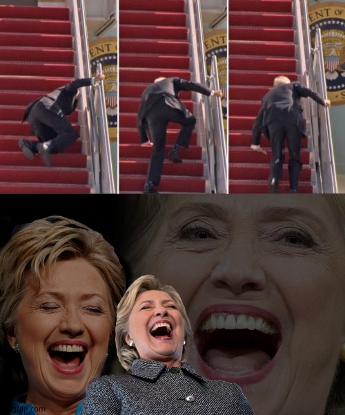 Somewhere Hillldawg is knowingly laughing | image tagged in hillary clinton laughing,old man,can't walk | made w/ Imgflip meme maker