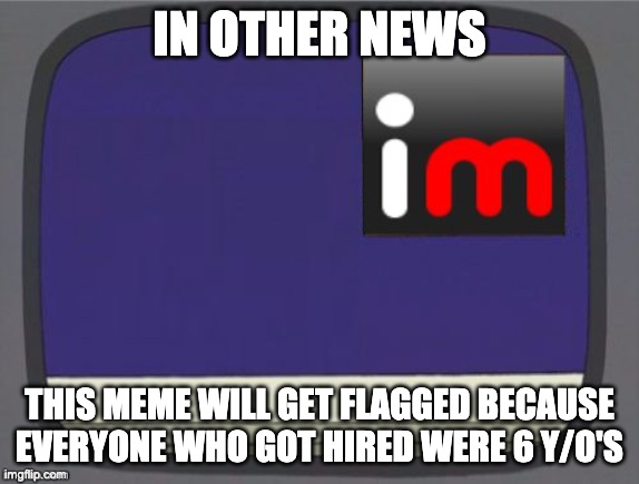 imgflip news | IN OTHER NEWS THIS MEME WILL GET FLAGGED BECAUSE EVERYONE WHO GOT HIRED WERE 6 Y/O'S | image tagged in imgflip news | made w/ Imgflip meme maker