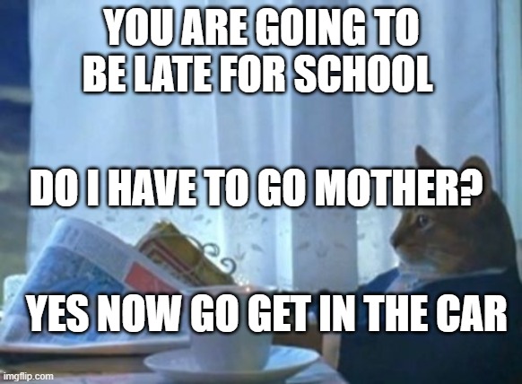 I Should Buy A Boat Cat Meme | YOU ARE GOING TO BE LATE FOR SCHOOL; DO I HAVE TO GO MOTHER? YES NOW GO GET IN THE CAR | image tagged in memes,i should buy a boat cat | made w/ Imgflip meme maker