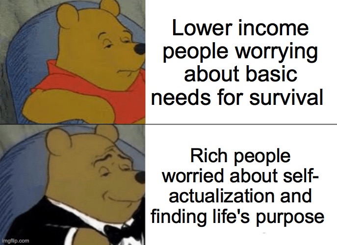 Tuxedo Winnie The Pooh | Lower income people worrying about basic needs for survival; Rich people worried about self- actualization and finding life's purpose | image tagged in memes,tuxedo winnie the pooh | made w/ Imgflip meme maker