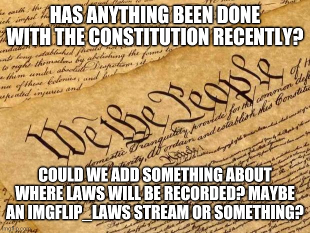 Enough with everyone's drama and ad Hominem attacks! Let's get to work! | HAS ANYTHING BEEN DONE WITH THE CONSTITUTION RECENTLY? COULD WE ADD SOMETHING ABOUT WHERE LAWS WILL BE RECORDED? MAYBE AN IMGFLIP_LAWS STREAM OR SOMETHING? | image tagged in constitution | made w/ Imgflip meme maker
