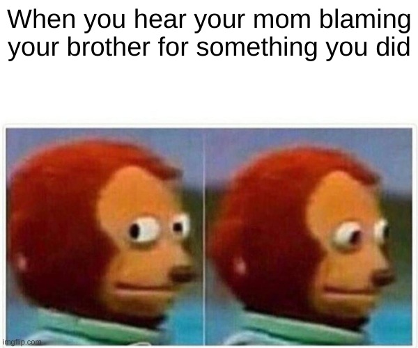 Monkey Puppet Meme | When you hear your mom blaming your brother for something you did | image tagged in memes,monkey puppet | made w/ Imgflip meme maker