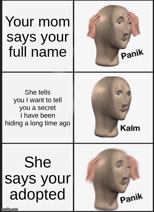 What she say |  Your mom says your full name; She tells you I want to tell you a secret I have been hiding a long time ago; She says your adopted | image tagged in memes,panik kalm panik | made w/ Imgflip meme maker