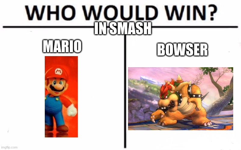 Mario Vs. Bowser Smash Bros. | IN SMASH; MARIO; BOWSER | image tagged in memes,who would win,smash bros,mario,bowser | made w/ Imgflip meme maker