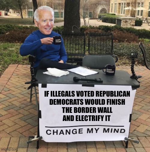 It has nothing to do with compassion and everything to do with political power | IF ILLEGALS VOTED REPUBLICAN

DEMOCRATS WOULD FINISH
 THE BORDER WALL 
AND ELECTRIFY IT | image tagged in change my mind biden,border wall | made w/ Imgflip meme maker