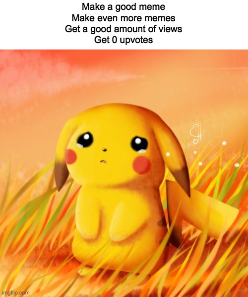 Sad Pikachu | Make a good meme
Make even more memes
Get a good amount of views
Get 0 upvotes | image tagged in sad pikachu | made w/ Imgflip meme maker