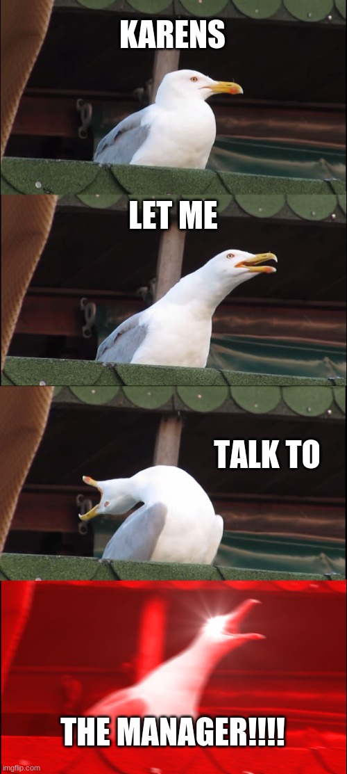 Inhaling Seagull | KARENS; LET ME; TALK TO; THE MANAGER!!!! | image tagged in memes,inhaling seagull | made w/ Imgflip meme maker