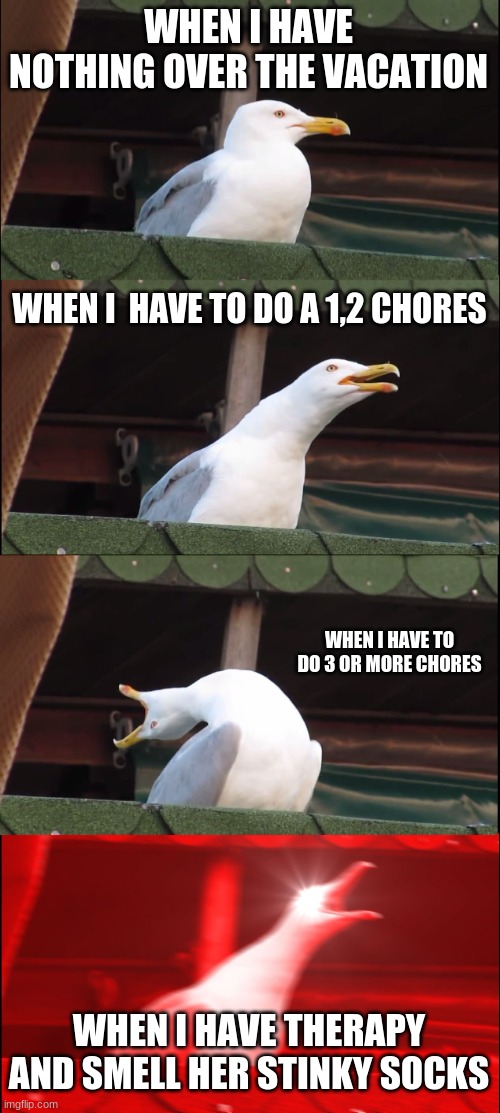 work on vacation | WHEN I HAVE NOTHING OVER THE VACATION; WHEN I  HAVE TO DO A 1,2 CHORES; WHEN I HAVE TO DO 3 OR MORE CHORES; WHEN I HAVE THERAPY AND SMELL HER STINKY SOCKS | image tagged in memes,inhaling seagull | made w/ Imgflip meme maker