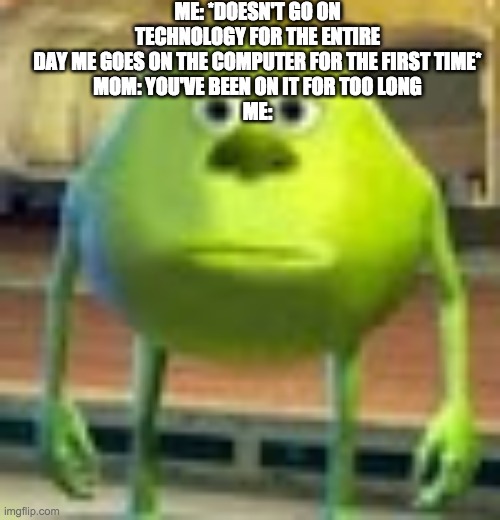 Sully Wazowski | ME: *DOESN'T GO ON TECHNOLOGY FOR THE ENTIRE DAY ME GOES ON THE COMPUTER FOR THE FIRST TIME*
MOM: YOU'VE BEEN ON IT FOR TOO LONG
ME: | image tagged in sully wazowski | made w/ Imgflip meme maker