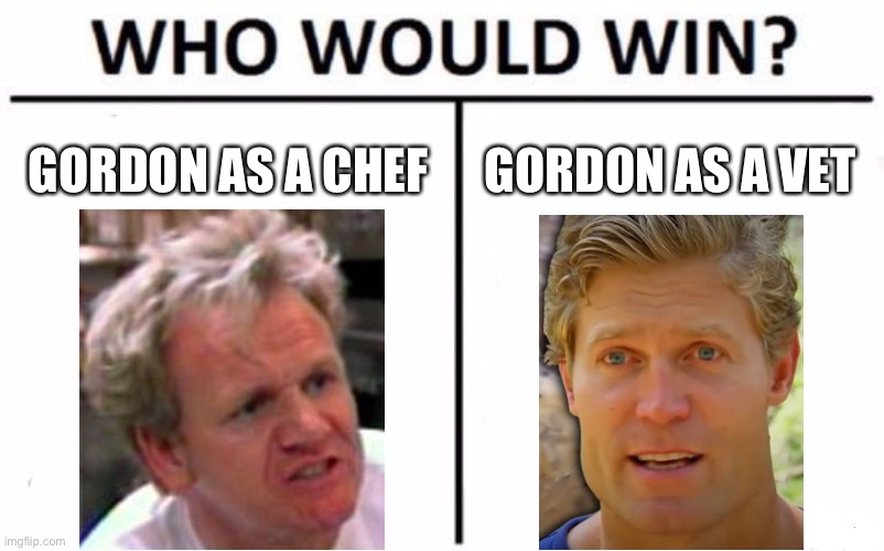 Thy look very alike | GORDON AS A CHEF; GORDON AS A VET | image tagged in memes,who would win,gordon ramsey,funny | made w/ Imgflip meme maker
