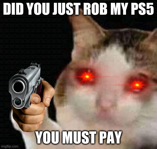 sad thumbs up cat | DID YOU JUST ROB MY PS5; YOU MUST PAY | image tagged in sad thumbs up cat | made w/ Imgflip meme maker