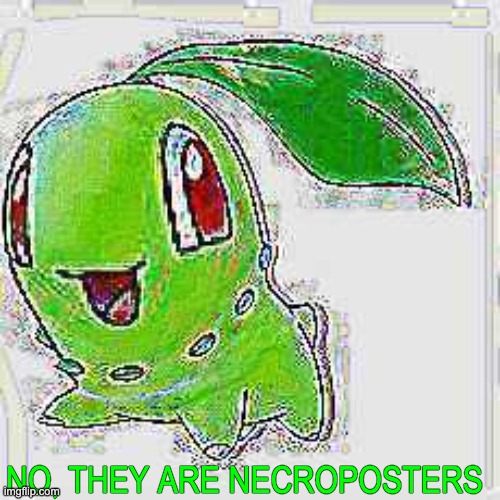 NO, THEY ARE NECROPOSTERS | image tagged in deep fried chikorita | made w/ Imgflip meme maker