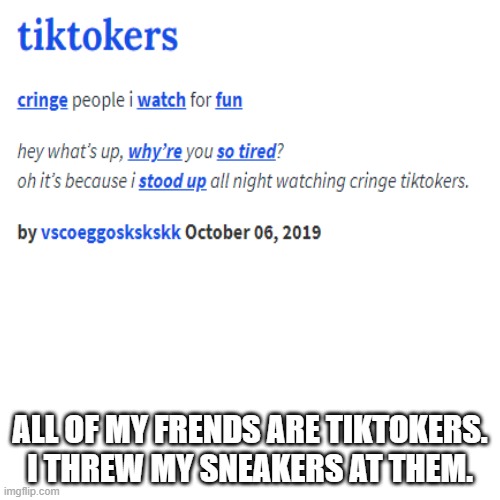 i'm telling the truth, it can even be seen in one video | ALL OF MY FRENDS ARE TIKTOKERS.
I THREW MY SNEAKERS AT THEM. | image tagged in tik tok sucks,thomas had never seen such bullshit before | made w/ Imgflip meme maker