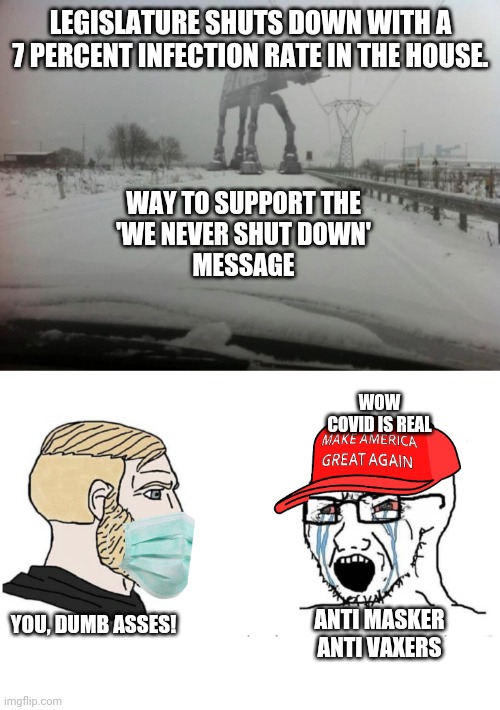 LEGISLATURE SHUTS DOWN WITH A 7 PERCENT INFECTION RATE IN THE HOUSE. WAY TO SUPPORT THE
 'WE NEVER SHUT DOWN' 
MESSAGE YOU, DUMB ASSES! ANTI | image tagged in meanwhile in idaho,chad vs anti masker | made w/ Imgflip meme maker