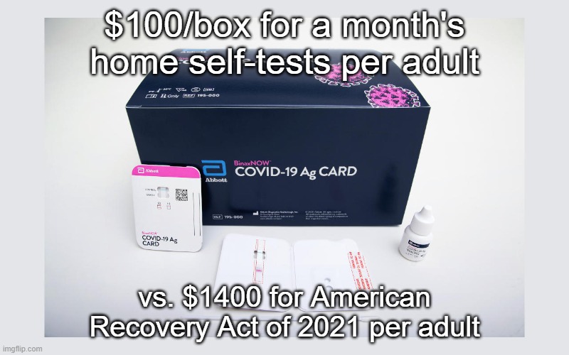 Rapid at-home self-tests for COVID-19 | $100/box for a month's home self-tests per adult; vs. $1400 for American Recovery Act of 2021 per adult | image tagged in covid 19 | made w/ Imgflip meme maker