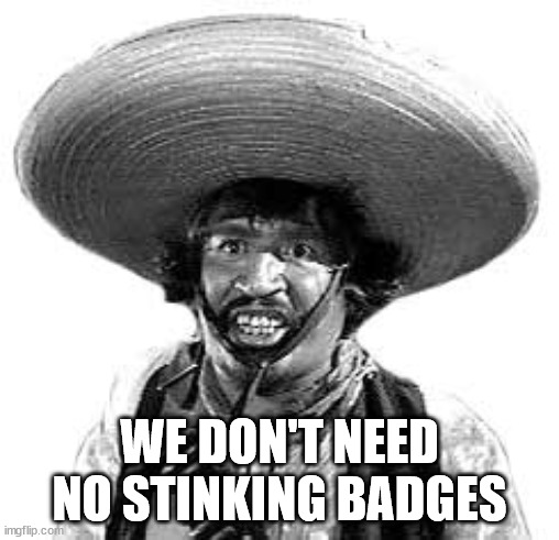 Badges we dont need no stinking badges | WE DON'T NEED NO STINKING BADGES | image tagged in badges we dont need no stinking badges | made w/ Imgflip meme maker