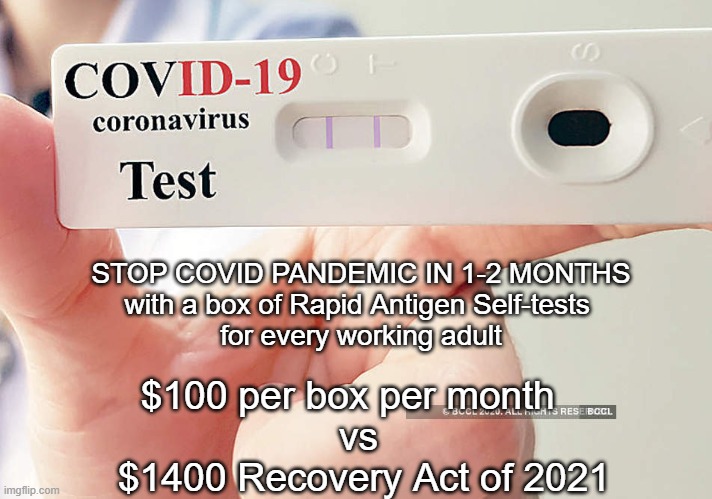 covid rapid self tests | STOP COVID PANDEMIC IN 1-2 MONTHS
with a box of Rapid Antigen Self-tests 
for every working adult; $100 per box per month   
vs 
$1400 Recovery Act of 2021 | image tagged in covid rapid test | made w/ Imgflip meme maker