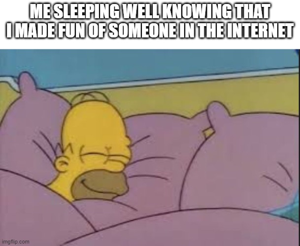 how i sleep homer simpson |  ME SLEEPING WELL KNOWING THAT I MADE FUN OF SOMEONE IN THE INTERNET | image tagged in how i sleep homer simpson | made w/ Imgflip meme maker