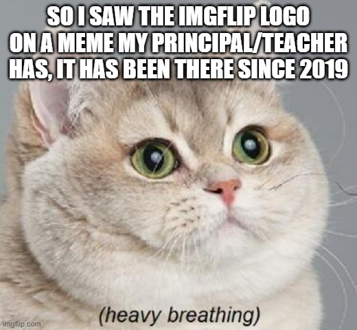 Well what do you know, I can't belive it, you all just passed | SO I SAW THE IMGFLIP LOGO ON A MEME MY PRINCIPAL/TEACHER HAS, IT HAS BEEN THERE SINCE 2019 | image tagged in memes,heavy breathing cat | made w/ Imgflip meme maker