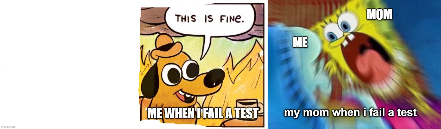 my mom if i fail a test | MOM; ME; ME WHEN I FAIL A TEST; my mom when i fail a test | image tagged in memes,this is fine,relatable,moms | made w/ Imgflip meme maker