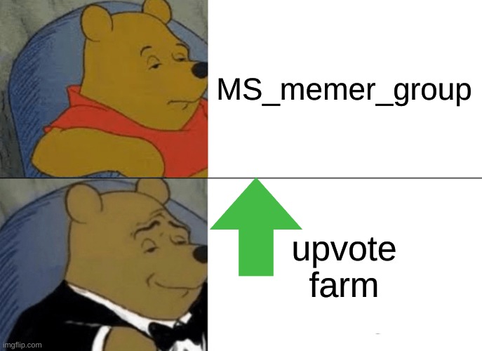 upvote farm | MS_memer_group; upvote farm | image tagged in memes,tuxedo winnie the pooh | made w/ Imgflip meme maker