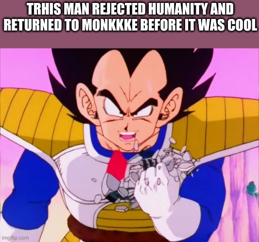 vegeta | TRHIS MAN REJECTED HUMANITY AND RETURNED TO MONKKKE BEFORE IT WAS COOL | image tagged in vegeta scouter crush,le monke | made w/ Imgflip meme maker