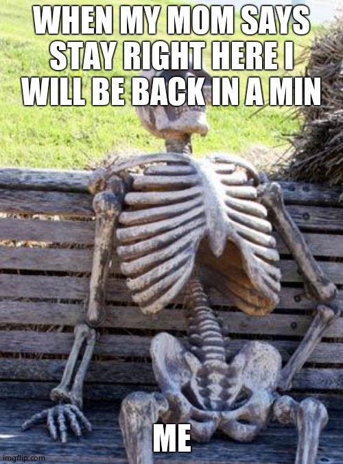 So true | WHEN MY MOM SAYS STAY RIGHT HERE I WILL BE BACK IN A MIN; ME | image tagged in memes,waiting skeleton | made w/ Imgflip meme maker