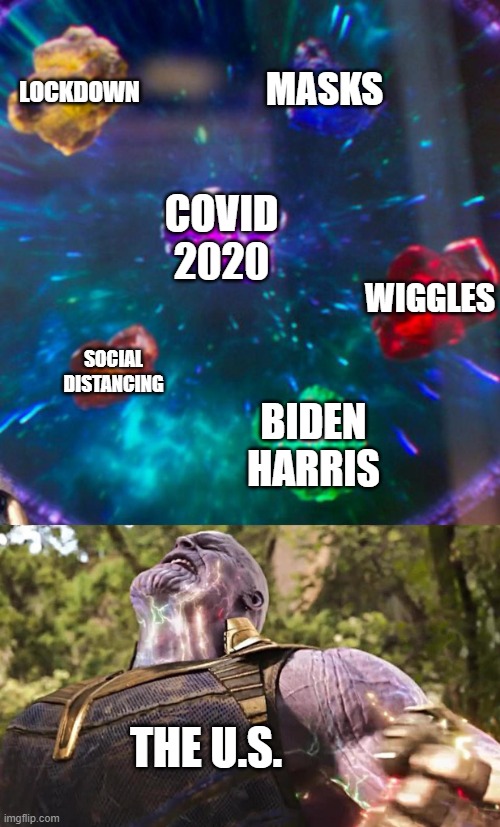 covid 19 be like | LOCKDOWN; MASKS; COVID 2020; WIGGLES; SOCIAL DISTANCING; BIDEN
HARRIS; THE U.S. | image tagged in thanos infinity stones | made w/ Imgflip meme maker
