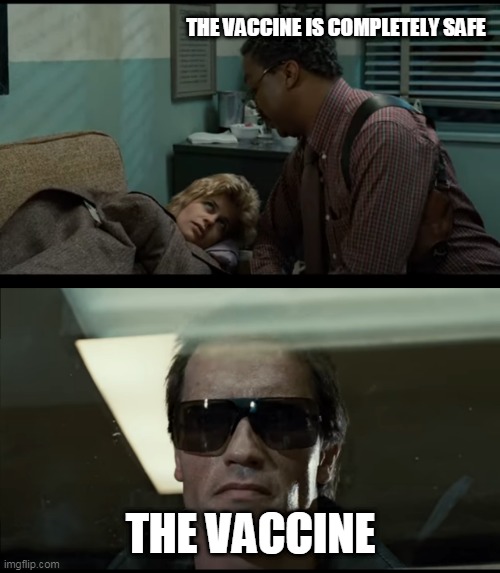 Terminator Sarah Connor vaccine | THE VACCINE IS COMPLETELY SAFE; THE VACCINE | image tagged in sarah connor and terminator,covid,terminator,vaccine | made w/ Imgflip meme maker