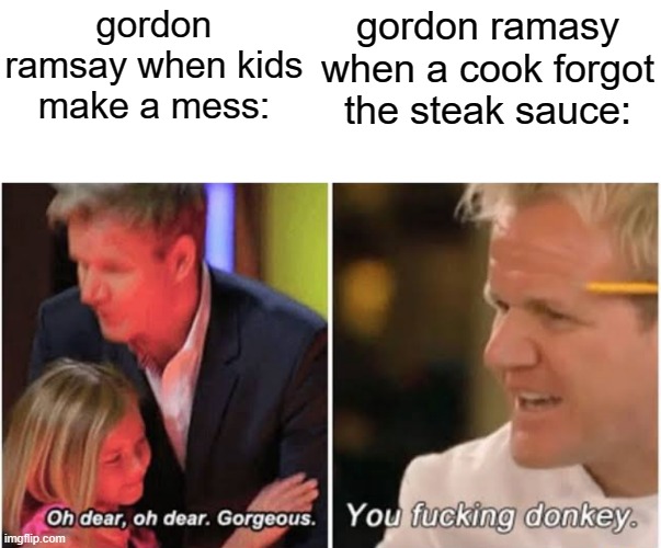Gordon Ramsay kids vs adults | gordon ramsay when kids make a mess:; gordon ramasy when a cook forgot the steak sauce: | image tagged in gordon ramsay kids vs adults | made w/ Imgflip meme maker