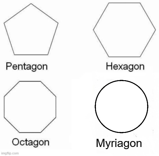 Myriagon- shape with 10,000 sides | Myriagon | image tagged in memes,pentagon hexagon octagon,myriagon,shapes,never gonna give you up,oh wow are you actually reading these tags | made w/ Imgflip meme maker