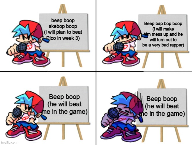 Boyfriend's plan to beating Pico in Week 3 | Beep bap bop boop
(i will make him mess up and he will turn out to be a very bad rapper); beep boop skebop boop
(i will plan to beat Pico in week 3); Beep boop
(he will beat me in the game); Beep boop
(he will beat me in the game) | image tagged in the bf's plan | made w/ Imgflip meme maker