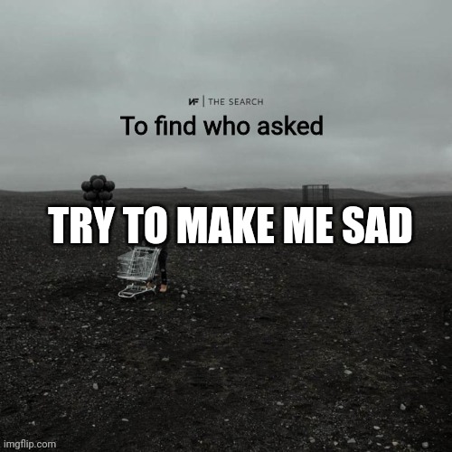 THE SEARCH To find who asked | TRY TO MAKE ME SAD | image tagged in the search to find who asked | made w/ Imgflip meme maker