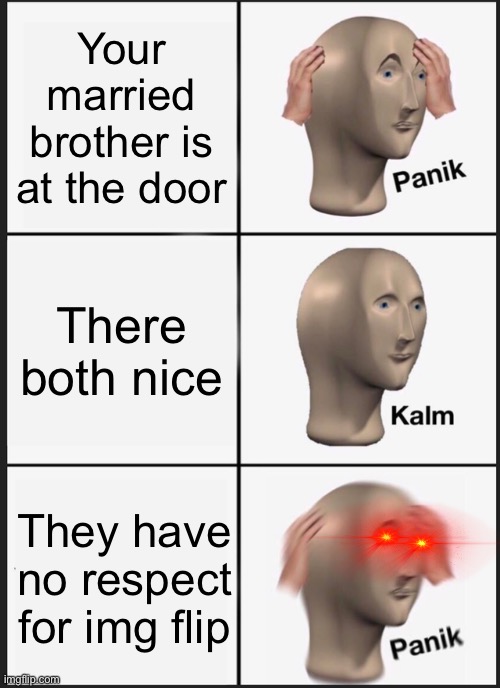 Panik Kalm Panik Meme | Your married brother is at the door; There both nice; They have no respect for img flip | image tagged in memes,panik kalm panik | made w/ Imgflip meme maker