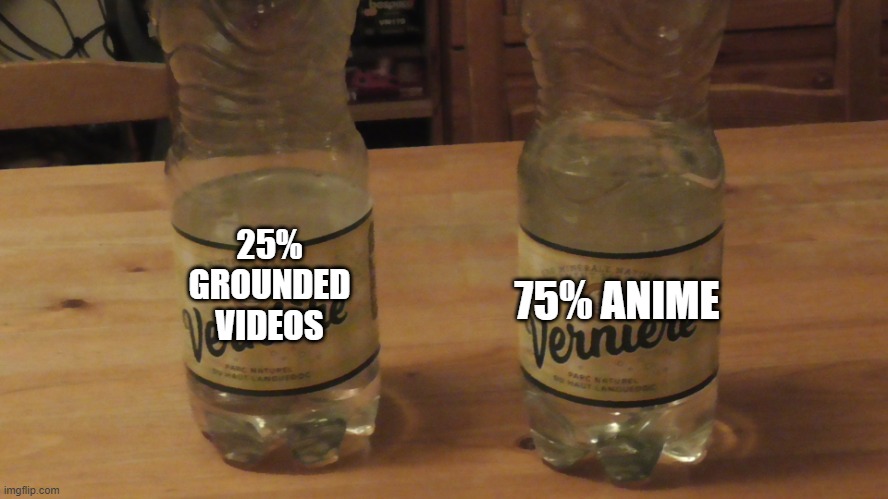 2 water bottles. | 75% ANIME; 25% GROUNDED VIDEOS | image tagged in 2 water bottles | made w/ Imgflip meme maker