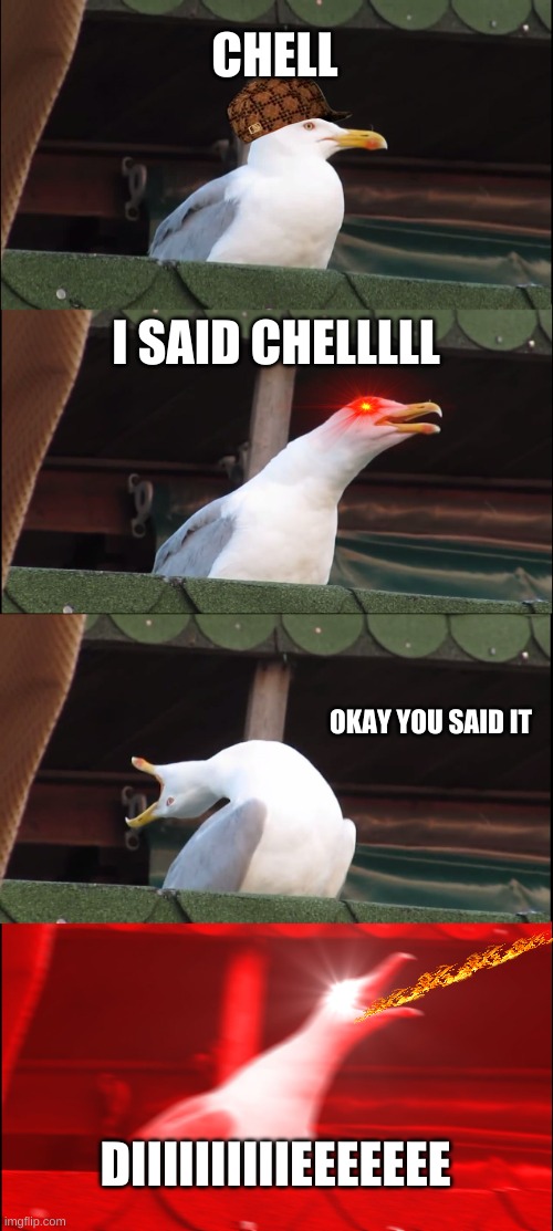 Inhaling Seagull Meme | CHELL; I SAID CHELLLLL; OKAY YOU SAID IT; DIIIIIIIIIIEEEEEEE | image tagged in memes,inhaling seagull | made w/ Imgflip meme maker