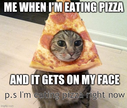 :L | ME WHEN I'M EATING PIZZA; AND IT GETS ON MY FACE; p.s I'm eating pizza right now | image tagged in pizza cat | made w/ Imgflip meme maker
