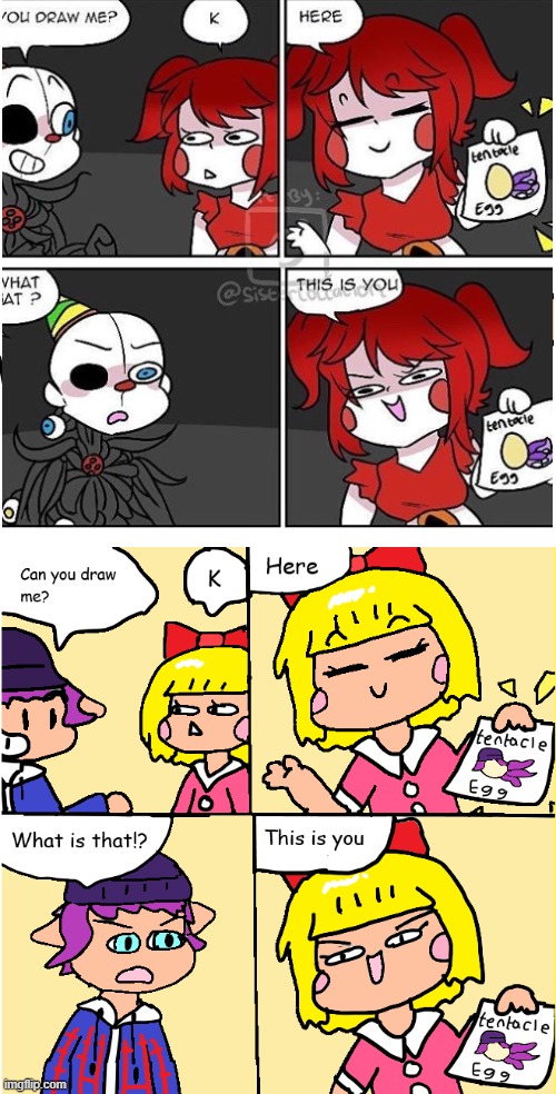 original comic vs my remake -w- | image tagged in drawings,comics/cartoons,comics,fnaf sister location | made w/ Imgflip meme maker