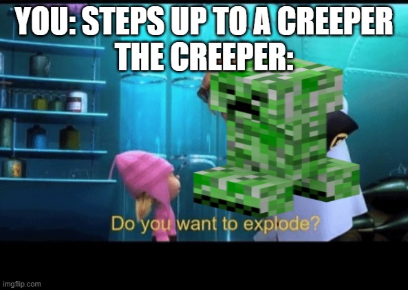 Kaboom | YOU: STEPS UP TO A CREEPER
THE CREEPER: | image tagged in do you want to explode | made w/ Imgflip meme maker