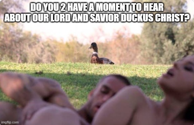 What the Duck? | DO YOU 2 HAVE A MOMENT TO HEAR ABOUT OUR LORD AND SAVIOR DUCKUS CHRIST? | image tagged in sex joke | made w/ Imgflip meme maker