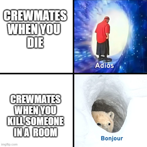 Adios Bonjour | CREWMATES WHEN YOU 
DIE; CREWMATES WHEN YOU KILL SOMEONE IN A  ROOM | image tagged in adios bonjour,among us | made w/ Imgflip meme maker