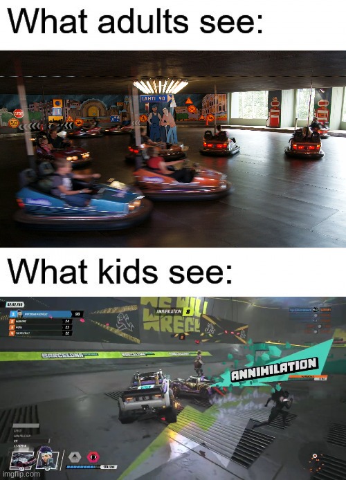 Don't let your kids take the wheel! | image tagged in so true memes,memes,what adults see vs what kids see,ps5,destruction allstars | made w/ Imgflip meme maker